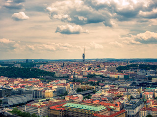 aerial view of tv tower in prague from vltava river