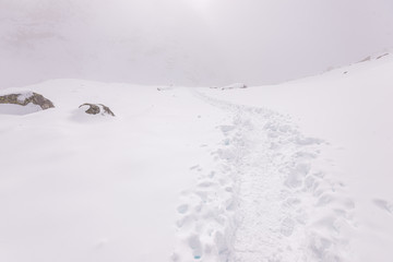 slovakia tatra mountain tourist hiking trails under snow in winter time