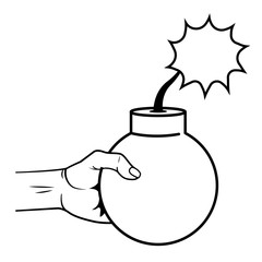 Pop art hand with bomb cartoon in black and white