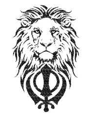 Khanda is the most significant symbol of Sikhism, decorated with a Lion with a long mane, on a white background, isolated, drawing for tattoo