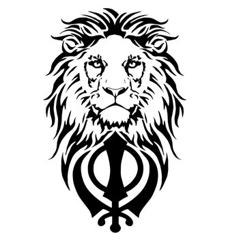 Khanda is the most significant symbol of Sikhism, decorated with a Lion with a long mane, on a white background, isolated, drawing for tattoo
