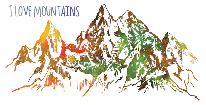 I love the mountains. Vector freehand drawing . Stocking up for a card , poster