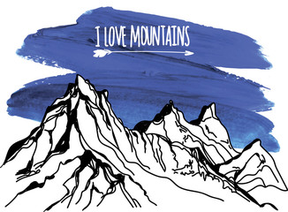 I love the mountains. Vector freehand drawing . Stocking up for a card , poster