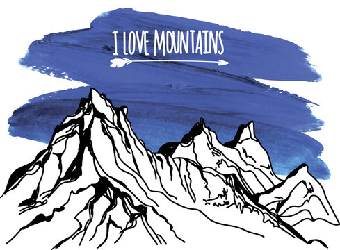 I love the mountains. Vector freehand drawing . Stocking up for a card , poster