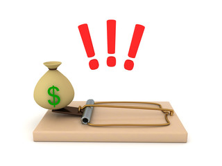 3D Rendering of money trap with exclamation points