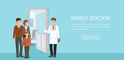 Doctor in uniform and family of patients characters near consulting room. Family with child near a doctor's consultation