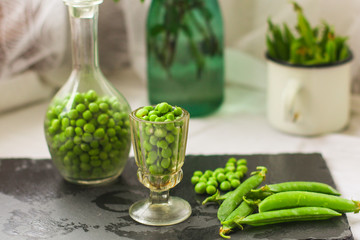 green peas (fresh, organic vegetables) vitamins. food background. top