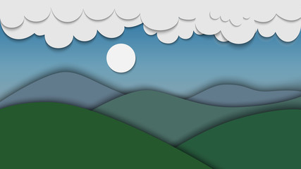 Green Carpathian mountains under cloudy sky with white sun, paper