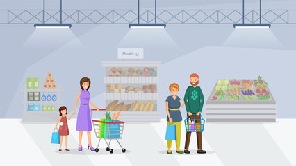 Shoppers in supermarket flat vector illustration