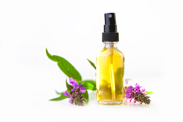 marsh woundwort essential oil in  beautiful bottle on White background