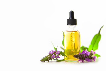 Obraz na płótnie Canvas marsh woundwort essential oil in beautiful bottle on White background