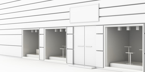 Showroom store empty and blank facade, mockup project with copy space. 3d rendering.