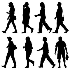 Set Black silhouette man and woman standing, people on white background