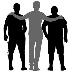 Black silhouette three men stand embracing on white background