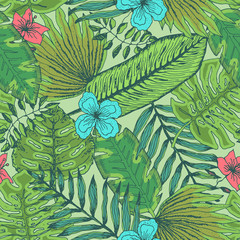 Bright fresh green seamless pattern with colorful tropical leaves and flowers on light background. Trendy exotic plants texture for textile, wrapping paper, surface, wallpaper, background