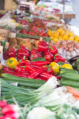 Greengrocers Market in Munsterplatz or cathedral square on April 21, 2017, Freiburg im Breisgau, Germany