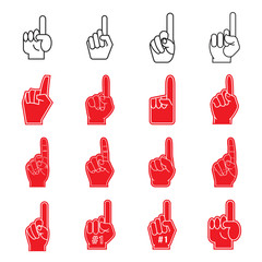 Giant Foam Finger Illustrations and Icons. Hands with Forefinger Up. Collection of Fan We’re Number One Symbols Isolated on a White Background. Vector Illustrations