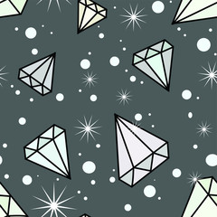 Seamless vector pattern with diamonds on dark grey background with stars and circles. Good for printing. Wallpaper and textile idea. Wrapping paper design.