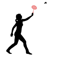 Black silhouette of female badminton player on white background