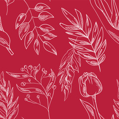 Seamless pattern with contour white flowers on red background. Wallpaper and textile design. Good for printing. Wrapping paper idea. Описание (на английском языке)