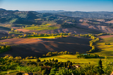 Landscape of the Tuscany seen from the walls of Montepulciano in sunset, Italy