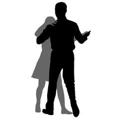 Black silhouettes dancing man and woman on white background