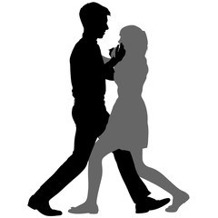 Black silhouettes dancing man and woman on white background