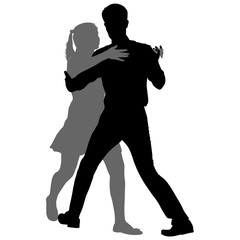 Black silhouettes dancing man and woman on white background