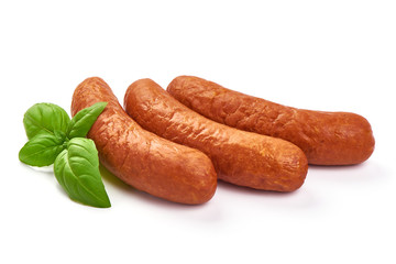 German traditional smoked sausages, dry meat, close-up, isolated on white background