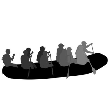 Silhouette Descent On A River Water Rafters On A White Background