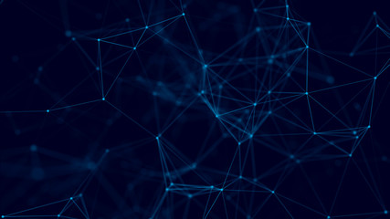 Naklejka na ściany i meble Abstract background with connecting dots and lines. Distribution of triangular shapes in space. Big data. Network connection structure. 3D rendering