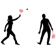 Black set silhouette of female badminton player on white background