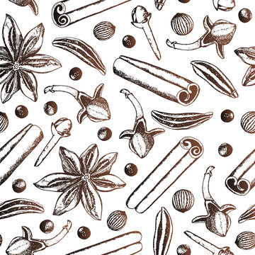Spices background. Hand drawn cinnamon sticks, cloves, anise, black pepper, coriander and cumin. 