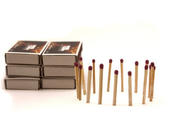 matches stand in the circle on a white background with matchbox