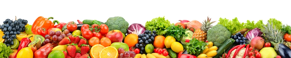 Fototapete Frisches Gemüse Obst und Gemüse getrennt auf Weiß. Breites Panoramafoto für den Titel.