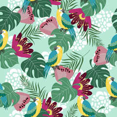 Hand drawn seamless pattern with tropical birds, flowers and leaves on blue background. Vector flat illustration of parrots .