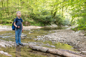 Obraz premium Boy traveler crosses the creek on a log