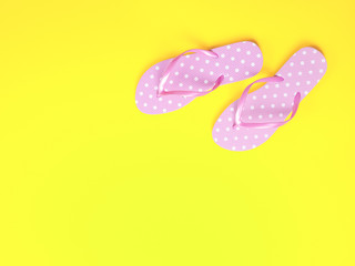 Top view image of pink flip flops on yellow background. Summer trevel and vacation concept