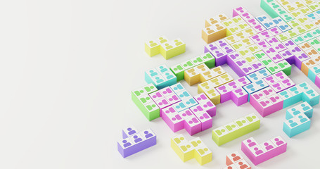 Jigsaw domino with people, infinite pieces; original 3d rendering
