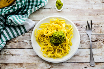 Pasta with fresh homemade pesto sauce