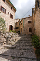 BINIARAIX, MAJORCA, SPAIN - September 18,2017:Small traditional village of Biniaraix in the Tramuntana valley; Biniaraix is a starting point for many mountain walks in the area.