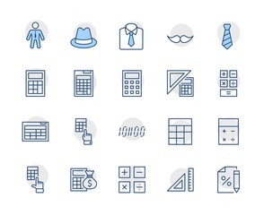 Set of Calculation Vector Line Icons. Contains such Icons as Calculator Icon, Pencil, Click, Money Bag, Percent symbol, Square and Ruler. Editable Stroke. 32x32 Pixel Perfect.