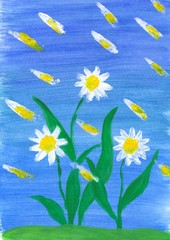 white Daisy flowers on blue background sky color watercolor pattern flowers green leaves