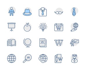 Wikipedia's birthday Set Line Vector Icon. Contains such Icons as Wikipedia, Open Book, Teacher, Blackboard, Pointer, Web Globe, Directory, Search, Lamp, Calendar. Editable Stroke. 32x32 Pixel Perfect