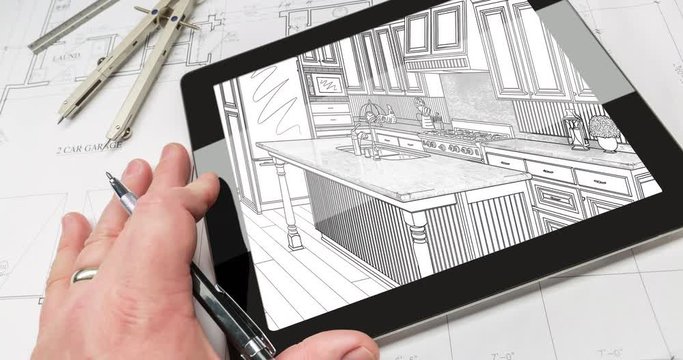 4k Looping Cinemagraph of Hand on Computer Tablet with Kitchen Drawing Transitioning to Photo