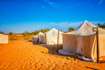 White tents in the camp of the desert Lompoul, Senegal, Africa.