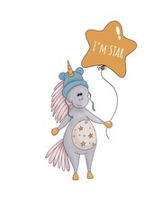 Hand drawn illustration with cute baby unicorn in funny hat.  Perfect  for baby  t-shirts print  and phone case, wallpaper, template for design cards, notebook, poster. Motto: I’m star.