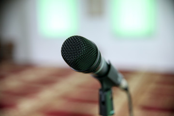 a microphone prepared for the speaker at the conference hall.Concept-Business Presentation