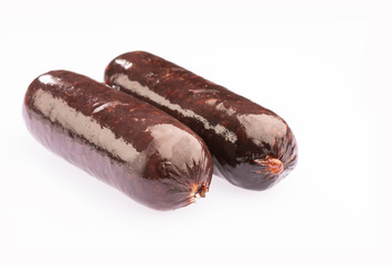 Delicious blood sausages isolated on a white background. Text space