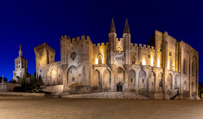 Avignon. Provence. Panorama of the papal palace at night.